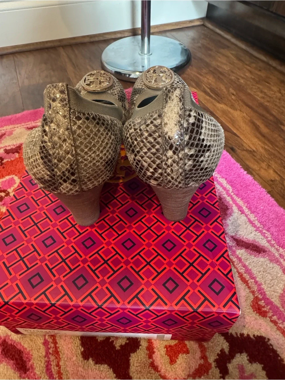 Tory Burch Caroline Wedge Natural Snake Print with Gold Logo, SZ 8